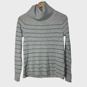 Lilla P Striped Turtleneck Cashmere Sweater | XS Grey Green Cozy Stretch Mature